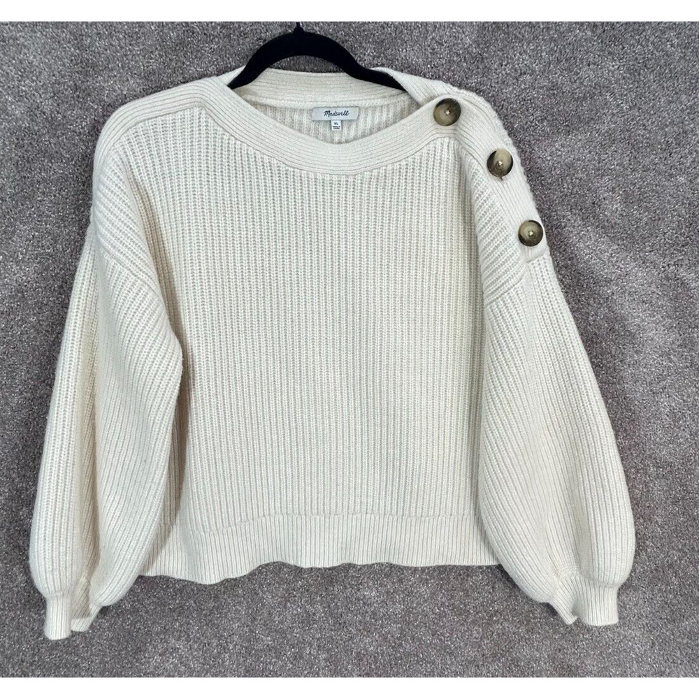 Madewell Cream Button-Shoulder Ribbed Crewneck Sweater Sz  XL